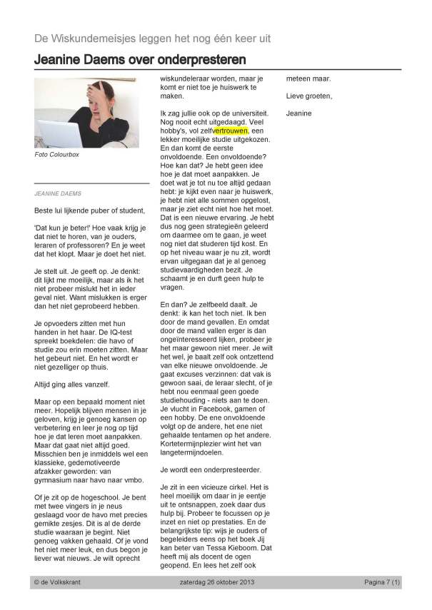 Volkskrant-Wiskundemeisjes-Onderpresteren-26-10-2013